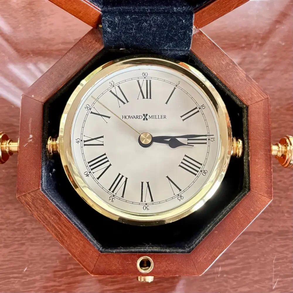 Vintage Howard Miller Hinged Wood Desk Clock Rotating Brass Roman Numeral